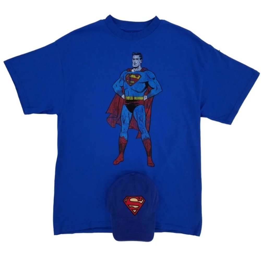 Superman T-Shirt & Hat Baseball Cap NEW Old Stock Size LARGE D C COMICS Blue Red